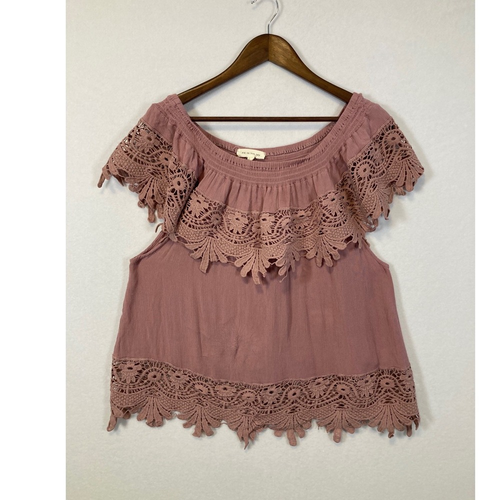Pie In‎ The Sky Mauve Crochet Lace Off Shoulder Top XL Dusty Rose Boho Ruffle